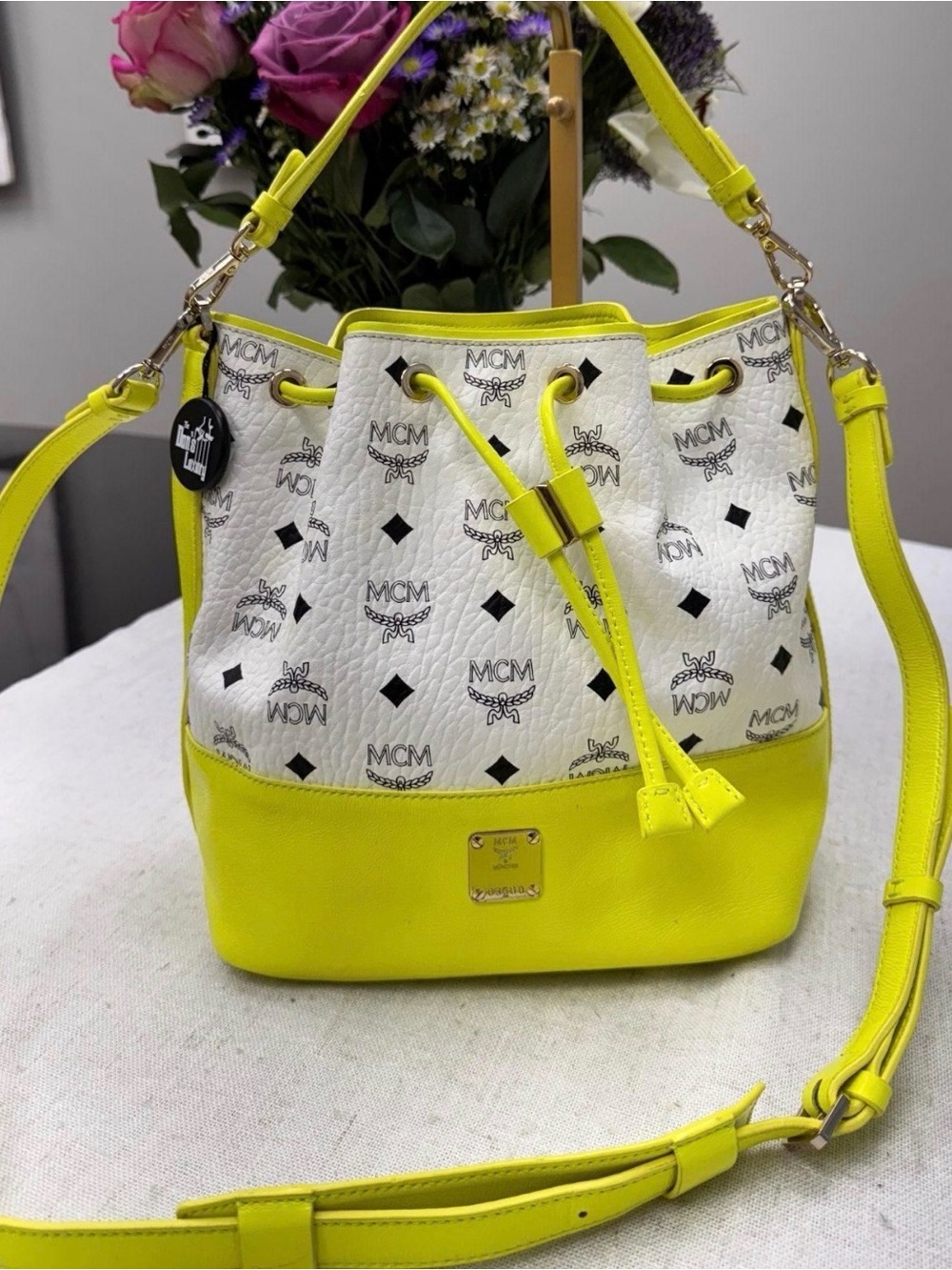 MCM Lime Yellow Visetos Pebbled
Leather Drawstring Bucket Bag
